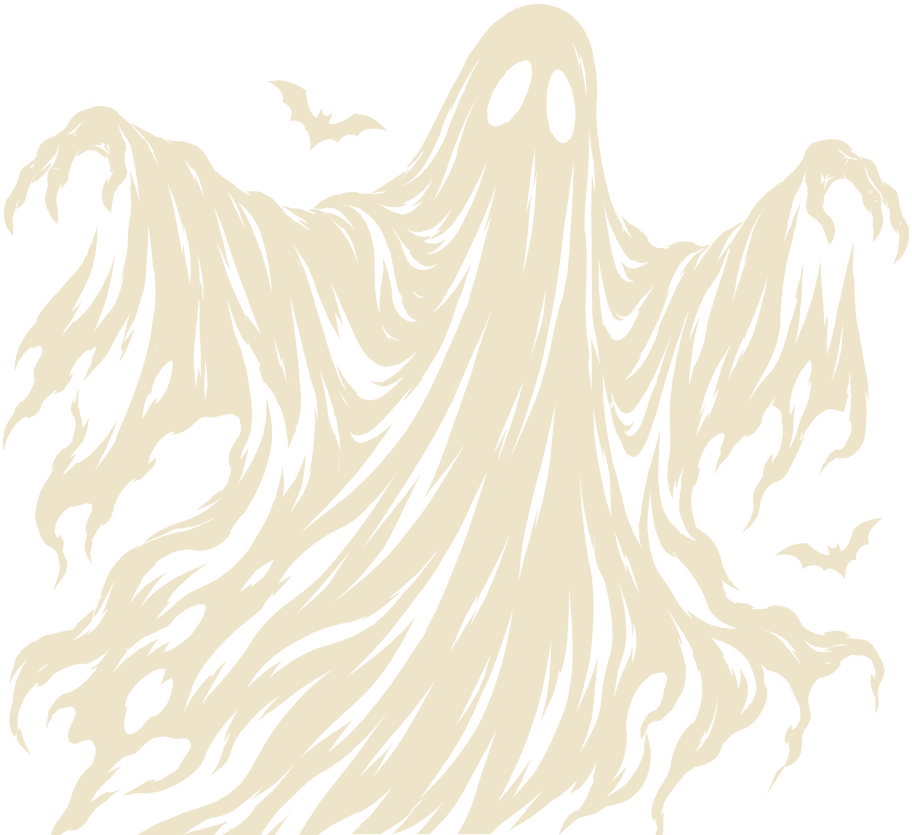 A tattered cream-coloured ghost with clawed hands spread wide and glowing eyes, from the party's flyer.